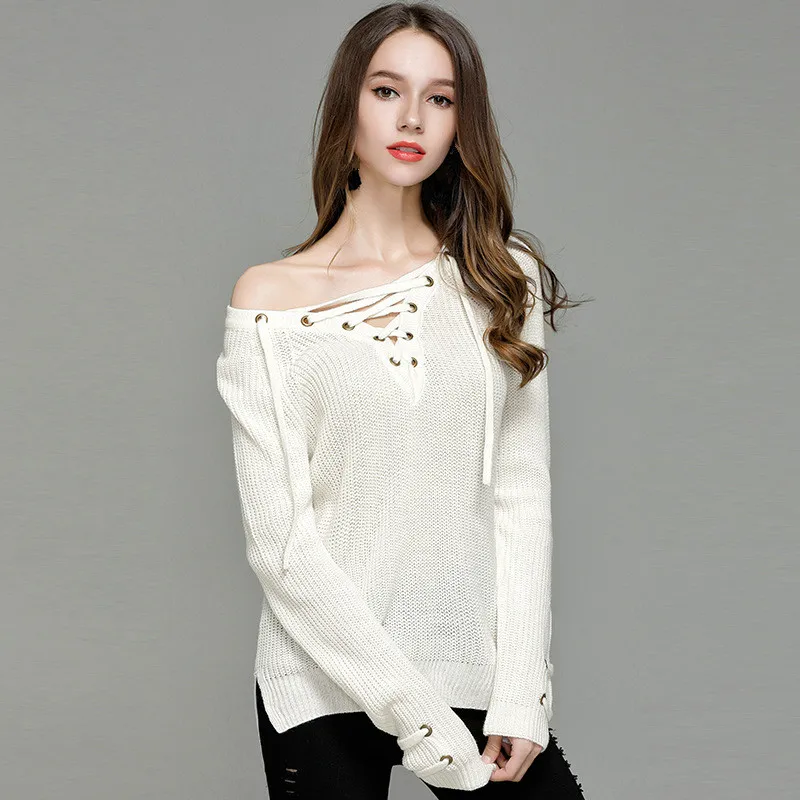 Girls Autumn Thin Knitted Top Ladies Fashion Spring V-neck Long Sleeve Lace Up Big Size Red Wine Sweater Pullover Women Knitwear | Женская