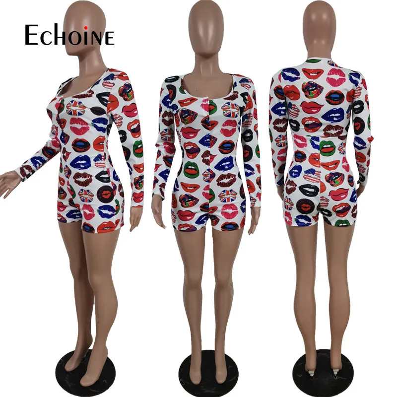 

Echoine 2021 Women Sexy adult Onesies Jumpsuit Sleepwear Lip Print pajamas Shorts Long sleeve V Neck Bodycon Bodysuit Rompers