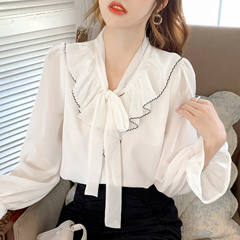

Blusas Mujer Blouse Women 2021 Ruffles V-neck Chiffon Blouse Shirt Women Tops Long Sleeve White Blouse Women Blouses Shirts D475