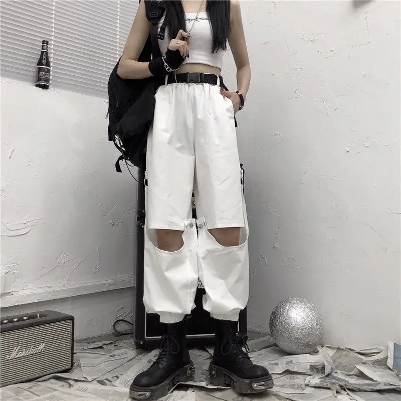 

Pants Women Summer Cargo Loose Patchwork Elastic High Waist Shashes Streetwear Removable Bare-Knees Chic Design Trendy Casual
