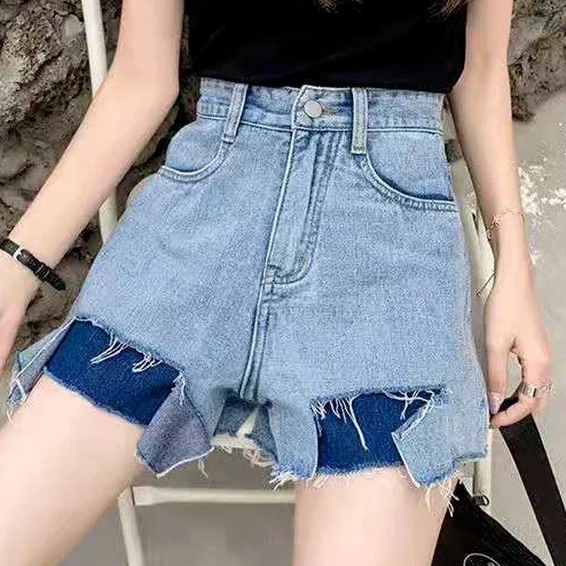 

Shorts Women All-match Trendy Korean Style Newest All-match Design Patchwork Leisure Ladies Wide-leg Plus Size Denim Distressed