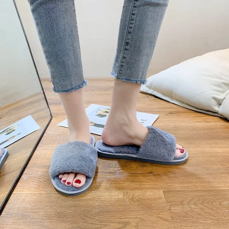

Women Women Home Slippers Winter Warm Shoes Indoor Plush Slippers Fluffy Female Flat Fur Shoes Ladies Soft Slippers Black White