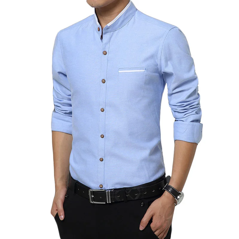 Мужская деловая рубашка с воротником стойкой приталенная из чистого хлопка