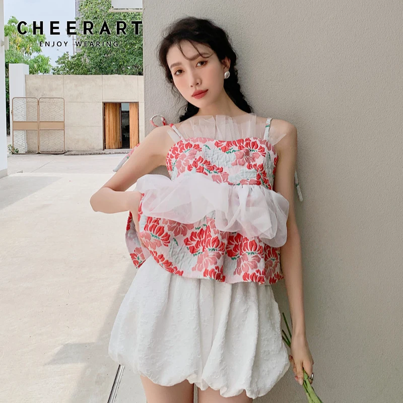 

CHEERART жаккардовый розовый цветочный сетчатый топ Kawai милые женские топы с открытой спиной на тонких бретельках с баской Топ корейская модная...