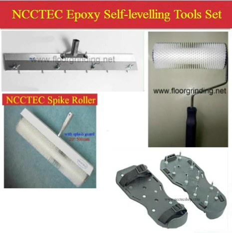 a set of Epoxy Self-levelling cement tool set kit| pin leveller scraper squeegee spike roller spiked shoes industrial self flow