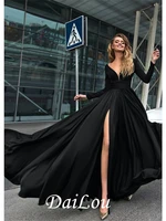 a line empire minimalist holiday formal evening dress v neck long sleeve floor length chiffon with split front 2021
