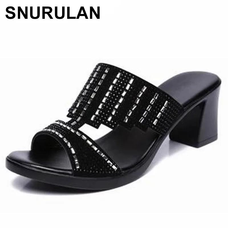 

Сексуальные женские туфли SNURULAN, летние туфли с открытым носком, сланцы, вечерние туфли на высоком массивном каблуке, женские сланцы с криста...