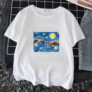 Summer New Hand In Hand Oil painting T-shirt Printed Chic Top Womens Fashion Tees Harajuku O-Neck Casual Retro Short Sleeve