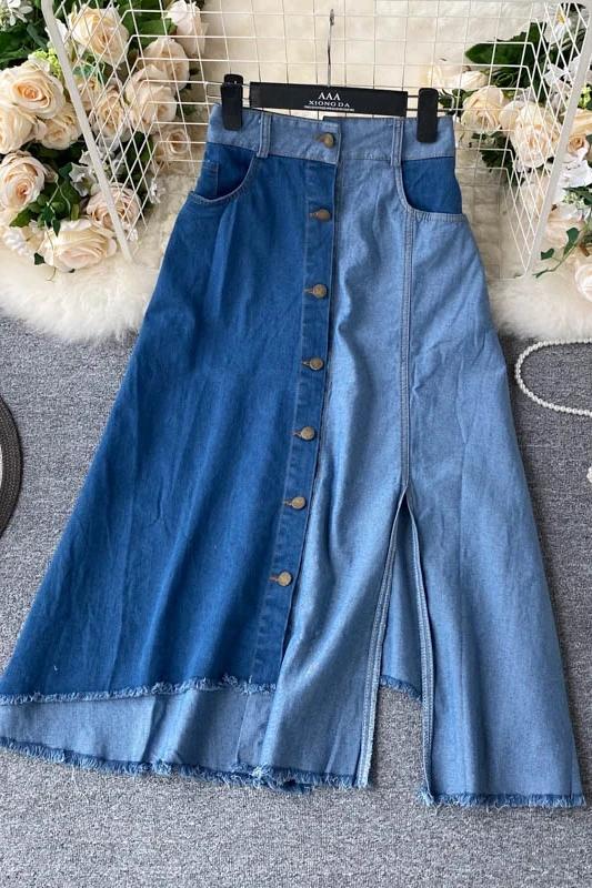 

ZOSOL Ins Design Sense Contrasting Color Stitching Fashion Irregular High Waist A- line Heart Machine Split Denim Skirt