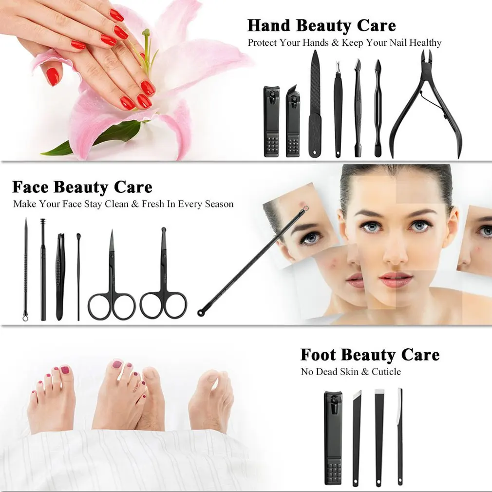

18pc/Set Stainless Steel Black 18 Piece Set Nail Clipper Set Decoration Eyebrow Personal Care Nail Tool Nail Clipper Set