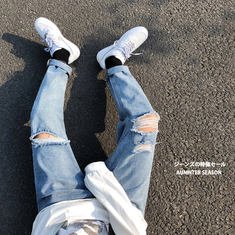 Рваные джинсы мужские Модные однотонные повседневные Прямые уличные свободные