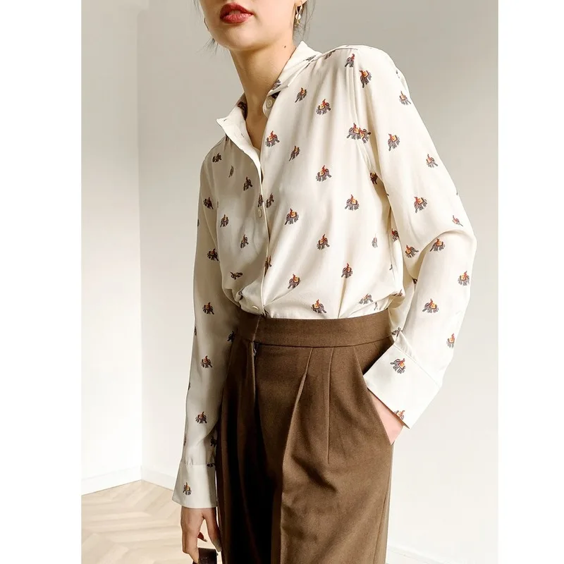 

100% Silk Elephant Print Long Sleeves Women Shirt