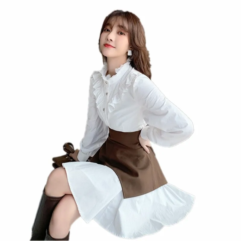 Spring 2021 Fashion Casual Women's White Skirt Round Neck Flying Long Sleeve Blouse Skirt Natural With Waist Seal Dress