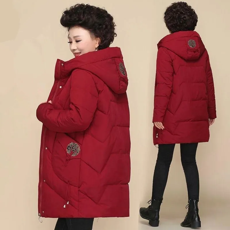 XL-6XL Classic Chinese Style Middle-Aged Mother Thick Padded Down Jacket Hooded Mid-Long Warm Cotton Parkas Women Winter Coat enlarge