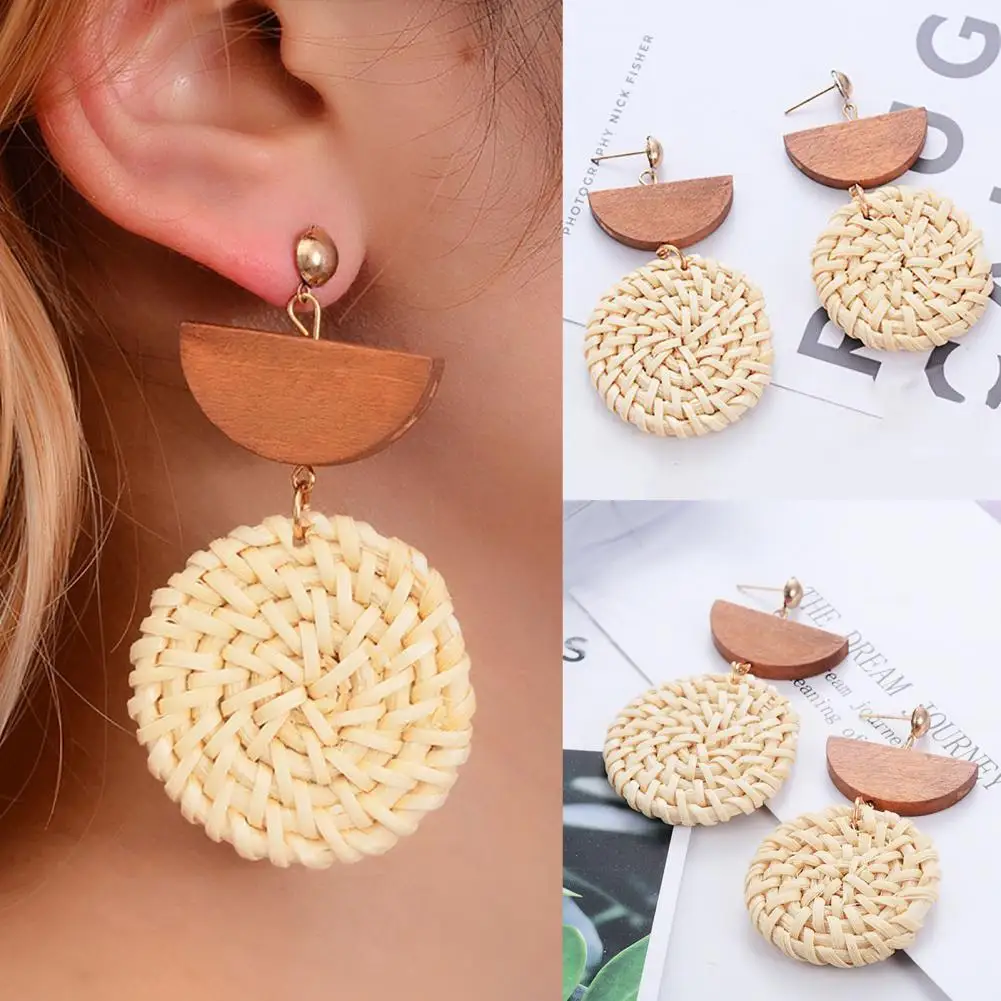 

1 Pair Braided Exaggerated Women Earrings Lightweight Wood Circle Semicircle Dangle Earrings Fashion Jewelry for Anniversary
