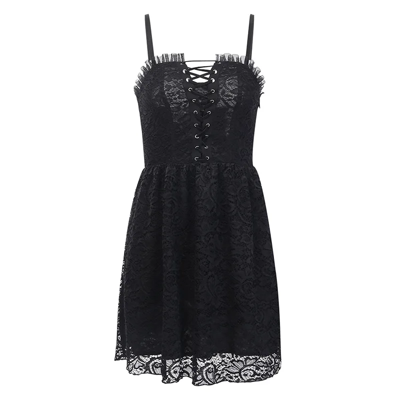 

Goth Lace Women's Dress Women Spring Summer Vintage Spaghetti Straps Backless Dresses For Ladies Harajuku Sexy Black Dress 2021