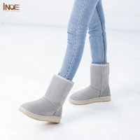 inoe real sheepskin suede leather mid calf women winter boots sheep wool fur lined classic snow boots light grey