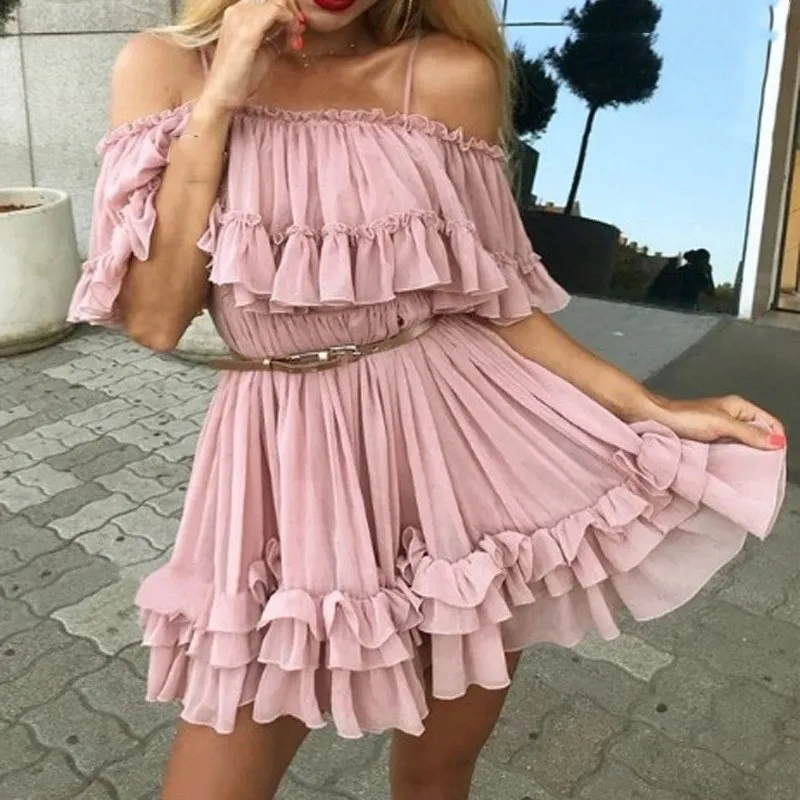 Женское шифоновое платье с открытыми плечами плиссированное короткое