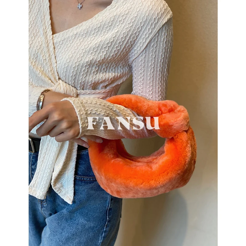 

FANSU Autumn And Winter New Fashion Armpit Bag For Women Plush Soft Waxy Hand Bag Cloud Dumpling Knot Bag