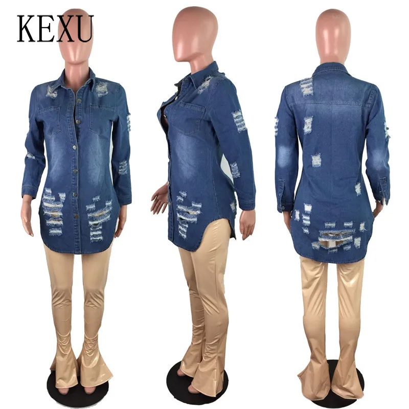 

KEXU Holow Out Denim Dress Korean Long Sleeve Jeans Long Women Dress Female Streetwear Bodycon Shirt Dress Vestido De Mujer
