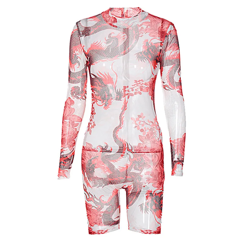 

Shestyle Mesh Dragon Flower Printed Playsuits Women Back Zip Red Transparent Long Sleeve Autumn Rompers O Neck Stretchy Sexy