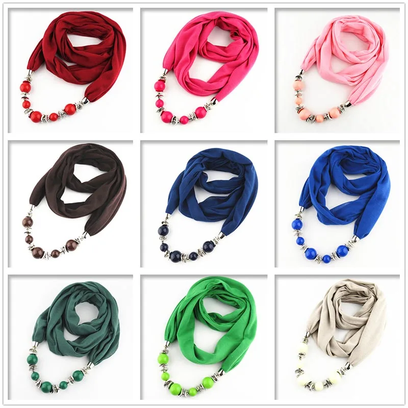 

2021 Fashion designer Ethnic Chiffon Solid Collar Tassel Gorgeous beaded pendants jewelry Necklace Scarf Women Shawl Scarves #21