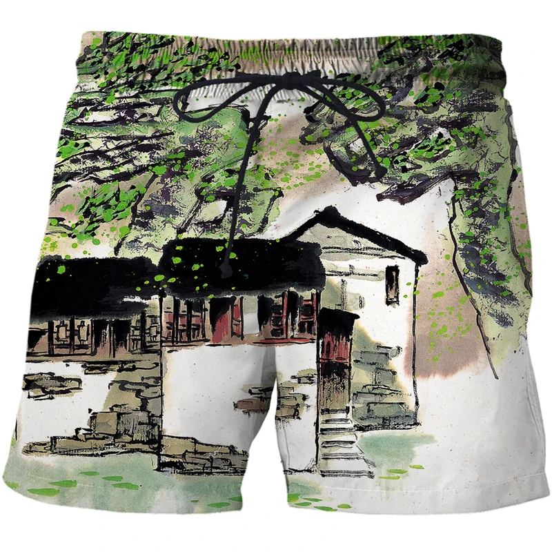 2021 New Summer sports surfing brand beach pants men's Chinese brush painting 3D printed Classical casual shorts Men clothing