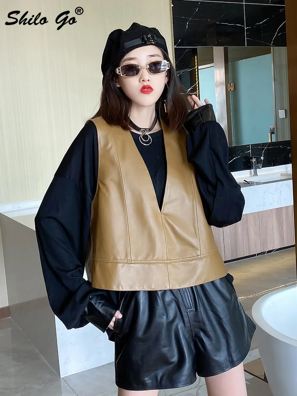 

Minimalsit Deep V Neck Sleeveless Coat Women Autumn Spring Solid Casual Genuine Leather Vests Plus Office Lady Sheepskin Outwear
