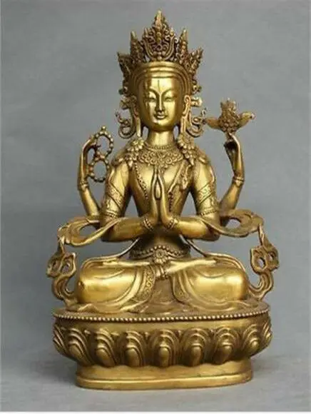 Old Rare Four-armed Avalokitesvara Tibet Bronze Kwan-yin Buddha lucky Statue