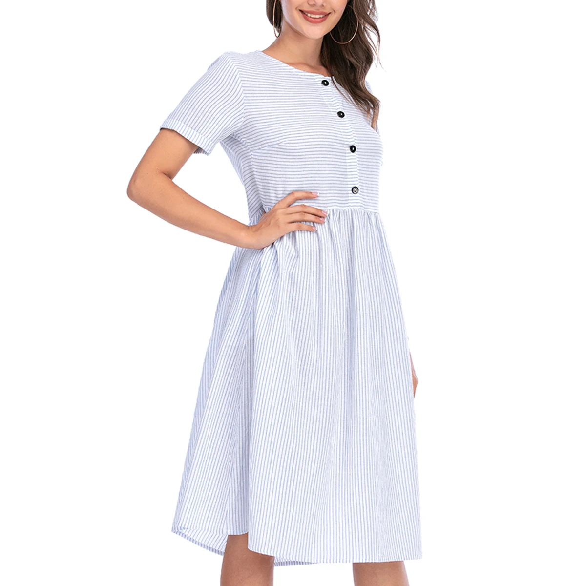 

New Women's Stripes Dress High-Waist Midi Short Sleeve Boat Neck Buttons Loose Girls Clothes Gifts