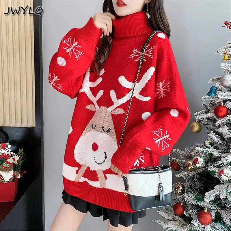 

Red Turtleneck Ugly Christmas Sweater Women's Autumn Winter 2021 New Deer Lazy Wind Hedging Jumper Female Pullover Sweater Tops