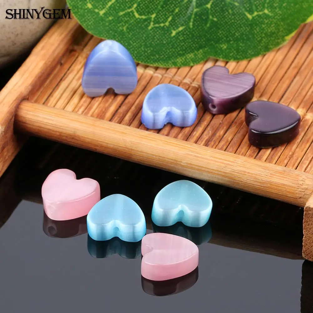 

ShinyGem 8mm/10mm Resin Heart Shape Natural Cat Eye Stone Charm Loose Bead For DIY Jewelry Making Random Sending Colors 30pcs