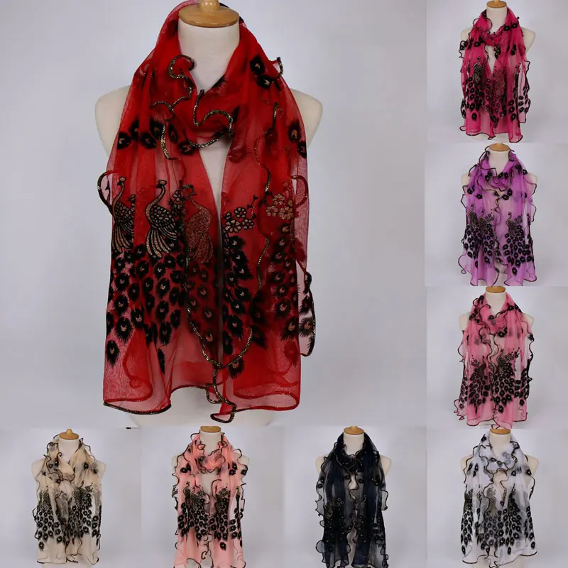 

Luxury Elegant Women's Scarves Summer Flower Embroidered Lace Hijabs Breathable Peacock Scarf Female Scarf Long Soft Wrap Shawl