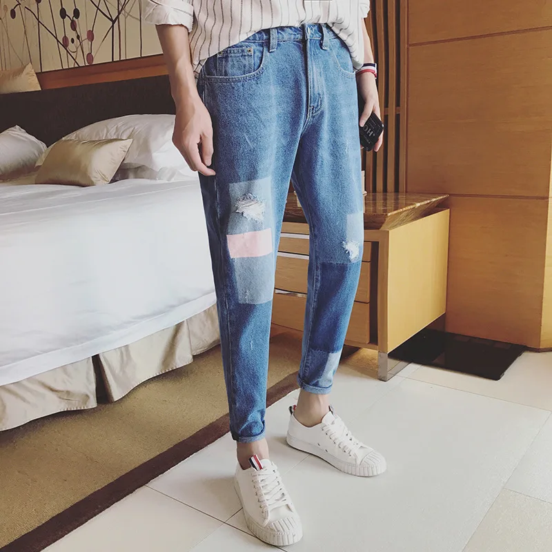 

Summer ultra-thin 2021 teenagers ripped jeans men's trendy brand hip-hop daddy pants men's beggar pants loose straight