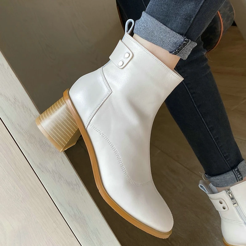 

rouned Toe Chelsea Boots Concise Designer Thick high Heels Shoes For Women Autumn Winter Genuine Leather Female Ankle Boots