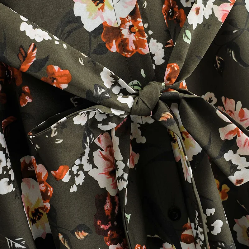 

Spring Autumn Women Dress Floral Printed Dress Blet With Long Sleeve Ladies Fashion Dress Single-breasted Elegant Girls Outfits