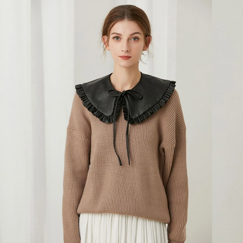 

Women Faux Leather Black False Collar Shawl Korean Style Vintage Doll Ruffled Necklace Shoulder Wrap Decorative Poncho