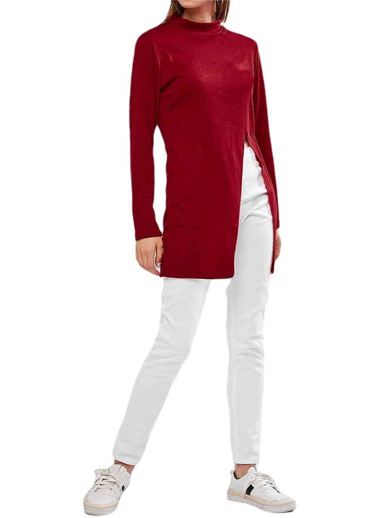 

New Hot Sale Fashion Woman Sexy Knitted Sweater, Solid Color Long Sleeve Round Neck Split Pullover (Red, Grey, Black) Wholesale