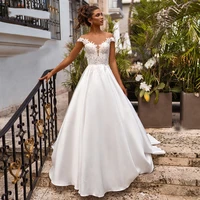 boho wedding dress 2022 cap sleeves illusion neck appliqued satin bridal dress beach princess plus size wedding gowns custom mad