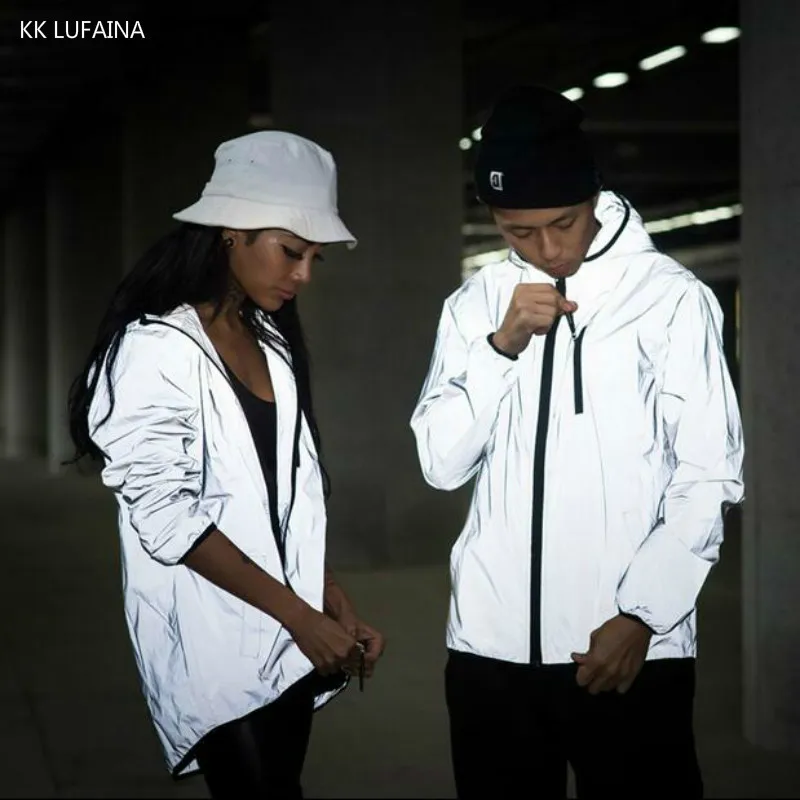 

5XL Men's Full Reflective Jacket Night shiny Harajuku Hip Hop Jackets Men /Women Waterproof Windbreaker Hoodies Streetwear Coats