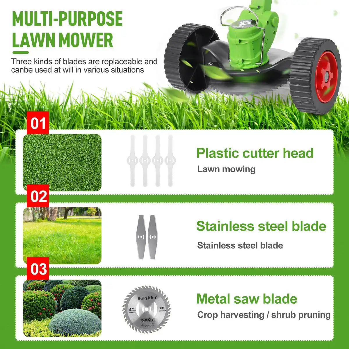 Electric Grass Trimmer Cordless Powerful Lawn Mower Double Wheel Length Adjustable Garden Pruning Cutter Tools with 1/2 Battery