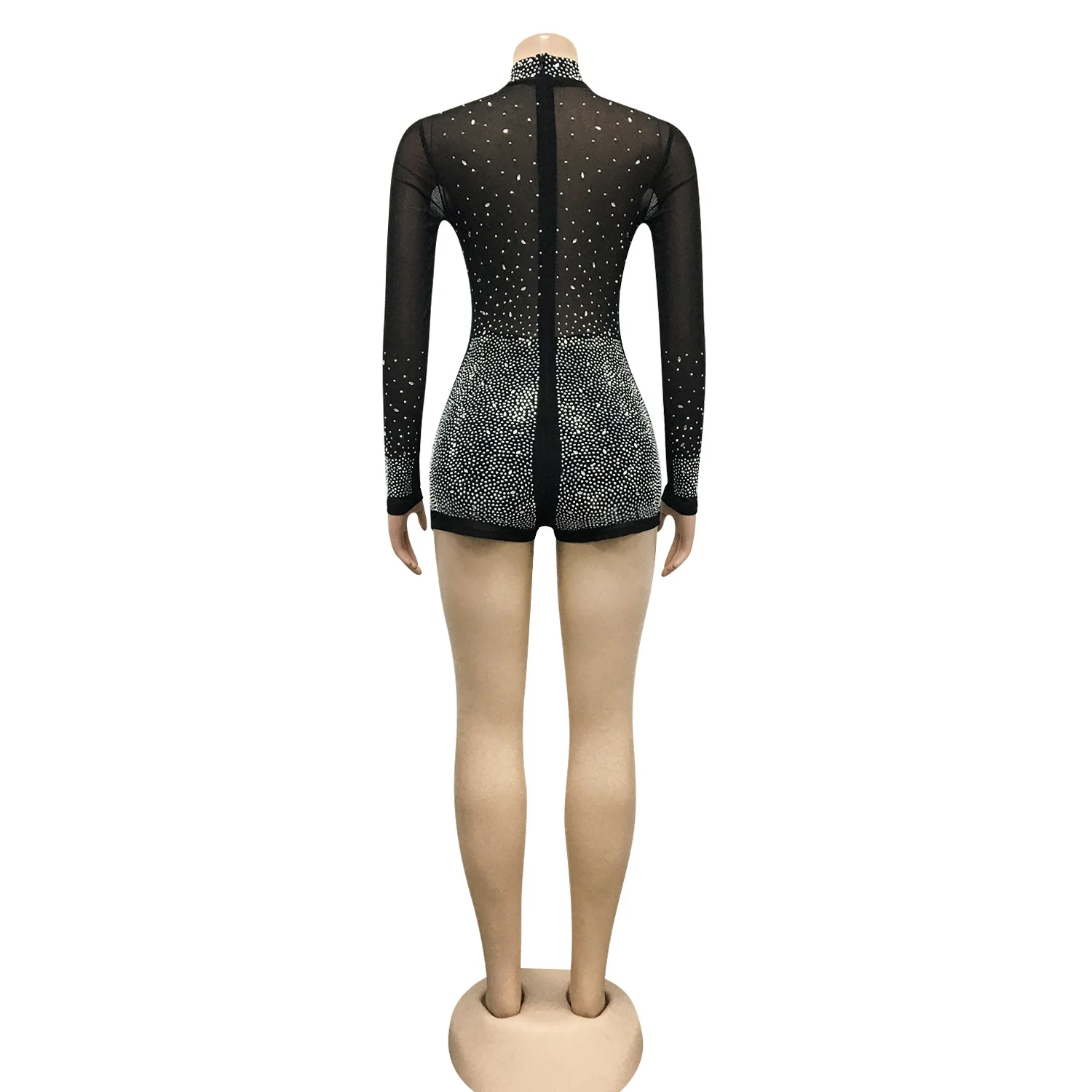 

Vintge Hot Rhinestone Mesh See Though Women's Romper Long Sleeve Bodycon Skinny Playsuit Streetwear Basic Overall Outfit