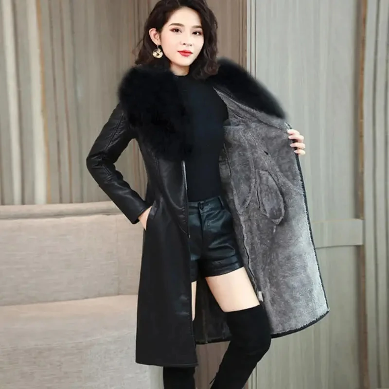 Large Fur Collar Winter Leather Jacket Women Velvet Thick Mid-Length Korean Version 2022 New Slim Thin Waist Leather Jacket Lady enlarge