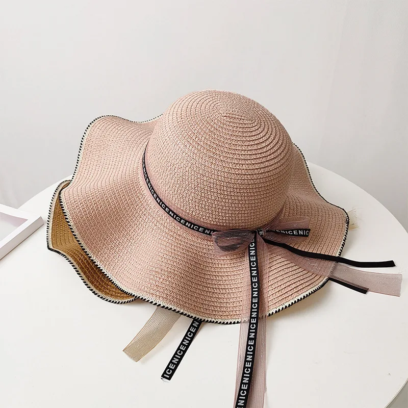

Summer New Sun Cap Beach Seaside Vacation Straw Hat Wave Side Sunscreen Big Edge Small Fresh Bow Ribbon Sun Hats Fashion 2021
