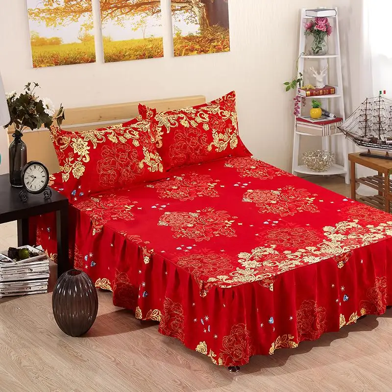 

42 2pcs Pillowcase +1pc Bed Skirt Sanding Soft Bedspread Set King 3pcs Fitted Skirt Sheet Bed Bed Bedding Queen Wedding