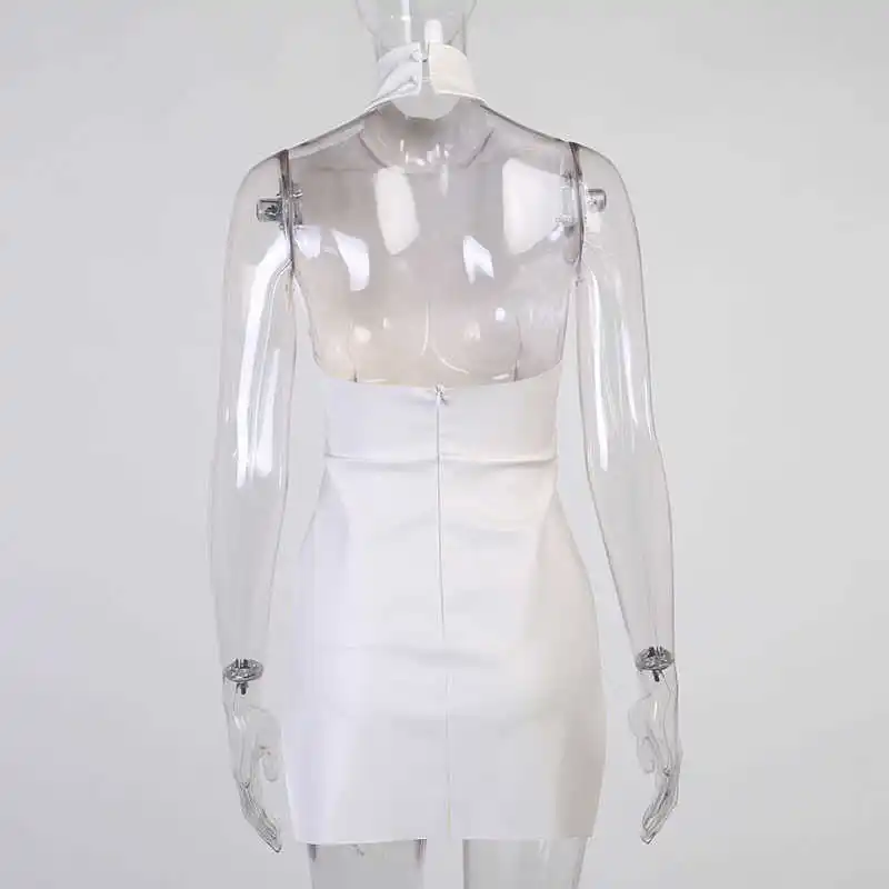 

Leather Woman Dress Backless Halter Split Invisible Zipper Buttons Patchwork Mini White Dress Ladies Summer Party Wear