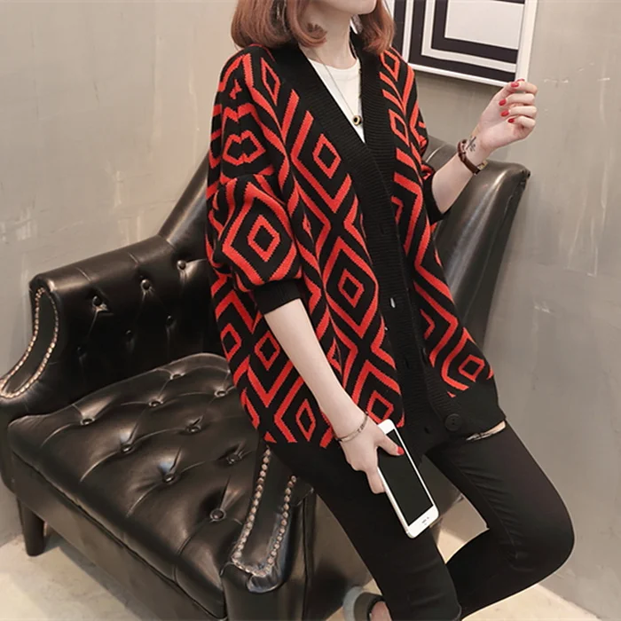 

Plus Size Women New Sweater Coat Spring and Autumn Loose Slimming Coat Plaid Knitted Cardigan