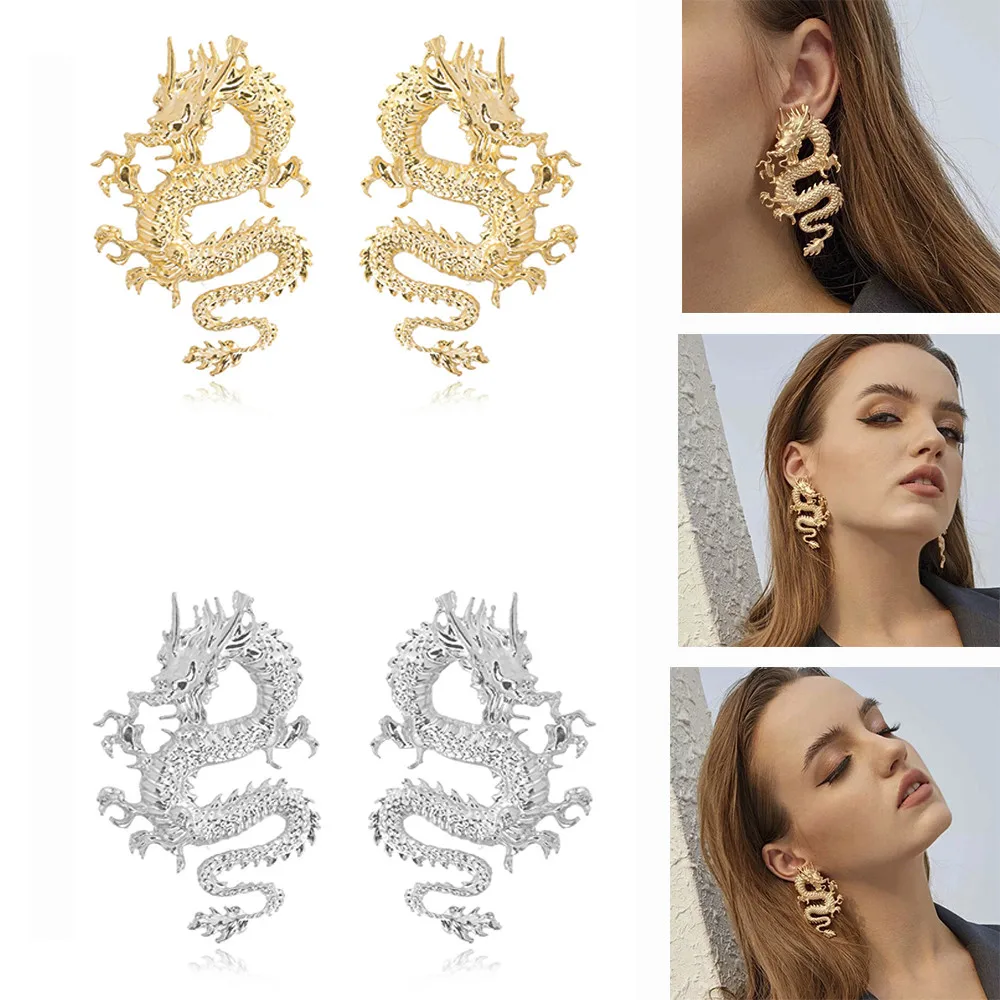 

Popular Dragon Snake Earring Personality Metal Unique Design Embossed Stud Earings Women Party Jewelry Accessories Gift
