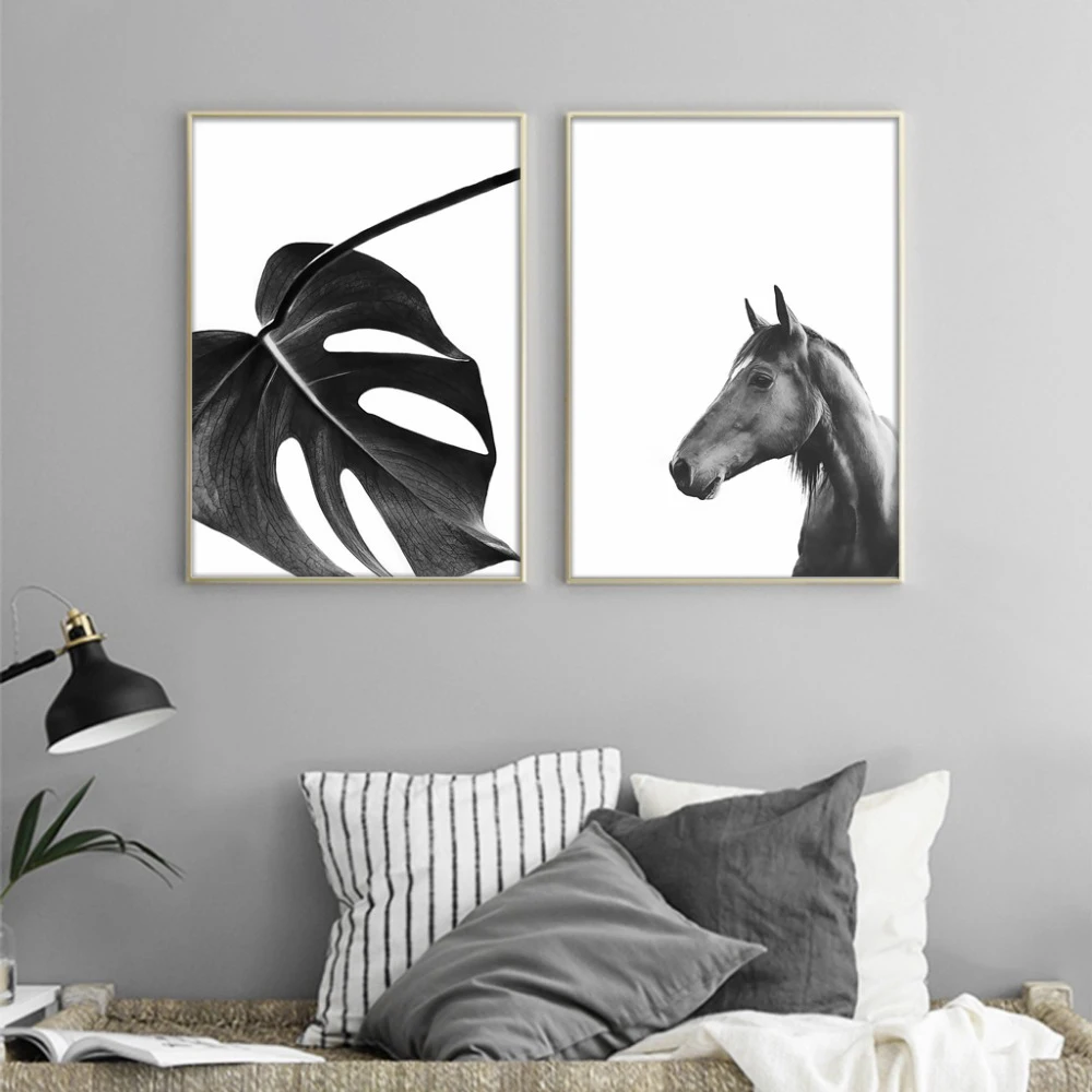 Настенная картина черно-белая лошадь цветок холст плакат печать в скандинавском