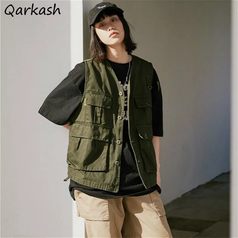 

Vests Women High Street Chic Cargo Big Pockets Design Vintage Streetwear Teens Outwear Summer Trendy BF Style All-match Popular